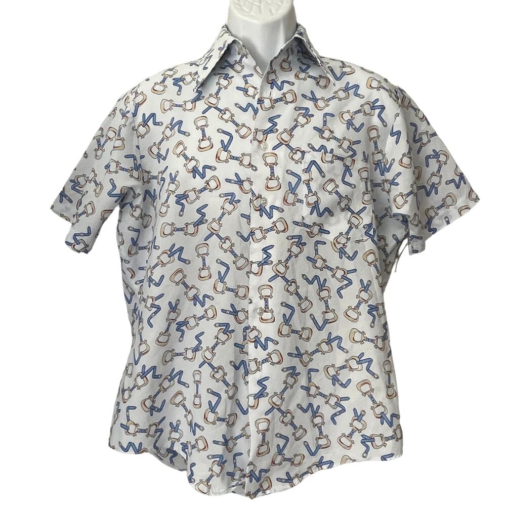 VINTAGE 70s Kmart Equestrian Bit and Bridle Short Sleeve Shirt Size Med 15.5